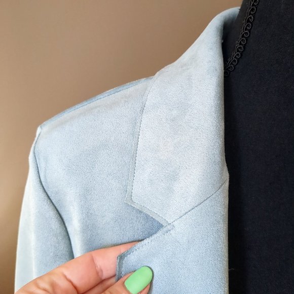 [SOLD] Zara Open Front Duster Jacket Faux Suede Blazer Trench Coat Pastel Blue - Picture 4 of 16
